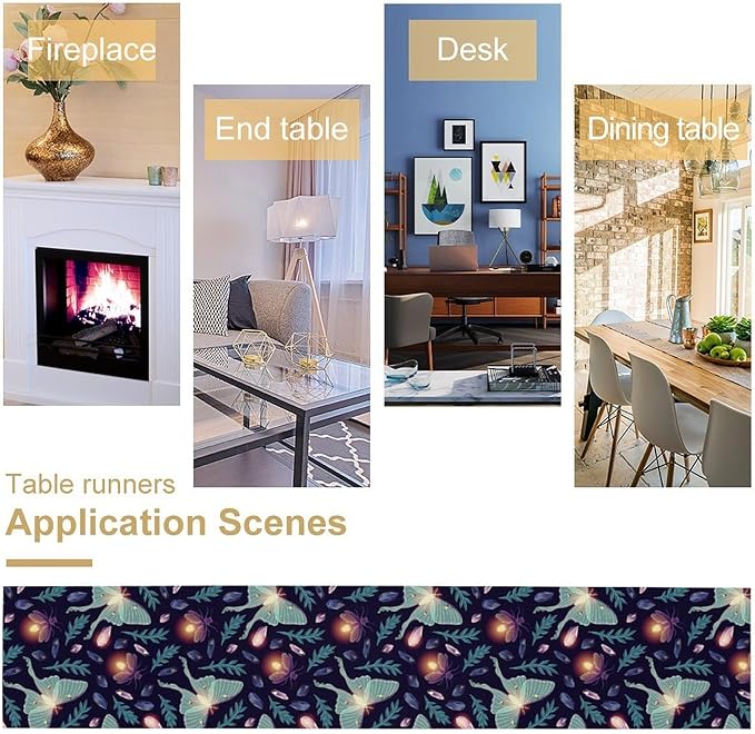 Moth Table Runner, Retro Boho Aesthetic Blue Moth Magic Table Runner for Home Kitchen Dining Party Indoor Outdoor Decoration 13x70 Inch