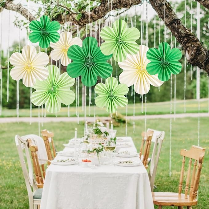 SUNBEAUTY Paper Flowers Decorations for Wall Paper Fans Classroom Decoration Paper Floral Backdrop Decor Paper Fans Decoration Hanging Paper Fans Green Flower Wall Decor,Set of 9
