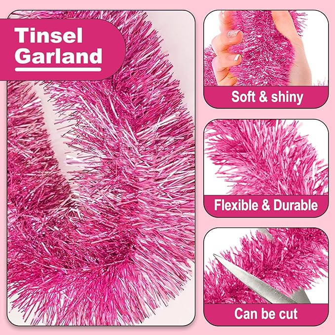 25 Feet Metallic Twist Tinsel Garland - Wall Hanging Backdrop for Holidays (Pink, 4in x 25ft)