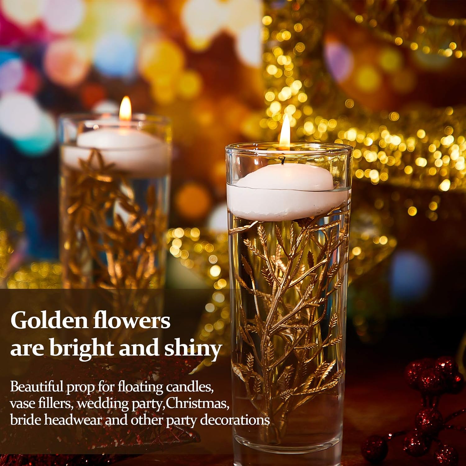 WILLBOND 50 Pcs Faux Flowers for Floating Candles Floating Flowers Vase Fillers for Centerpieces Mini Flower Filler Filling in Cylinder for Wedding Centerpiece Party Decor (Gold)