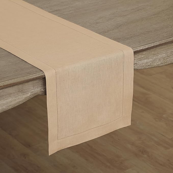 Solino Home Linen Beige Table Runner 72 Inches Long - 100% Pure Linen Hemstitch Table Runner 14 x 72 Inch for Dresser, Dining, Fall, Autumn, Halloween, Thanksgiving, Christmas - Classic Hemstitch