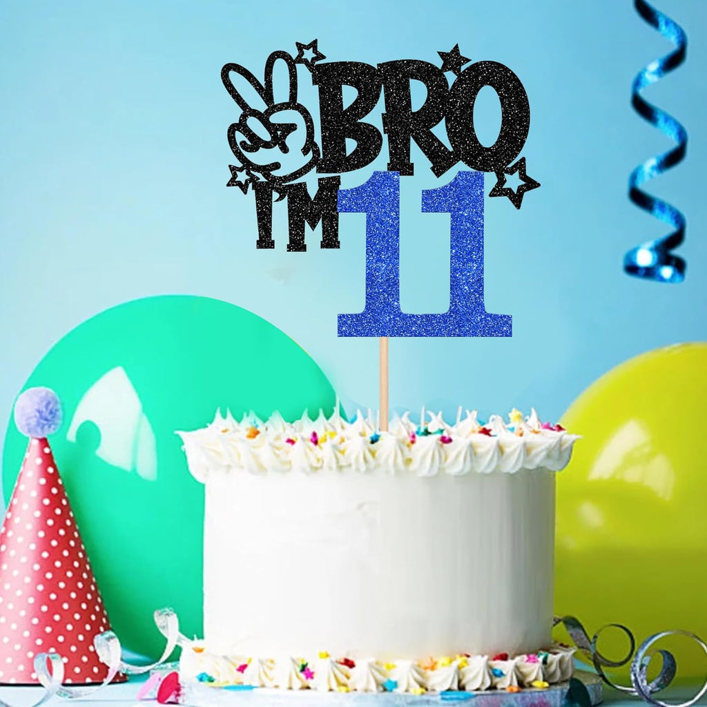 1 PCS Brother I'm 11 Cake Topper Glitter Star Happy 11th Birthday Cake Pick Bro I'm 11 Cake Decoration It's My 11th Birthday Decorations for Boys Cheers to 11 Years Old Birthday Party Supplies Blue