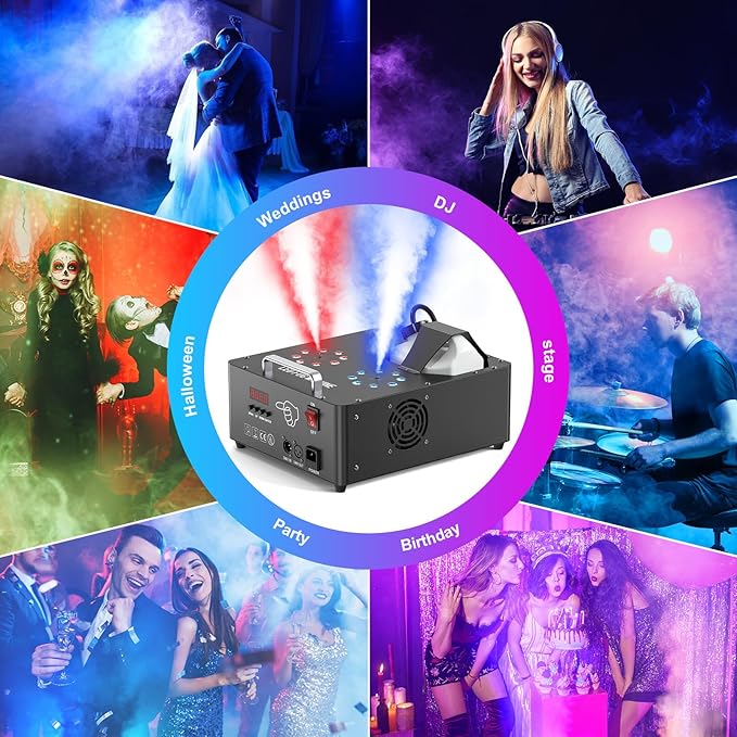 2000W Professional Fog Machine Dual Nozzle with 16 RGB LED, DMX Control Adjustable Smoke Direction, 2.5L Tank LCD Display 30000CFM for Halloween Christmas Stage DJ Party Club Events-4PC