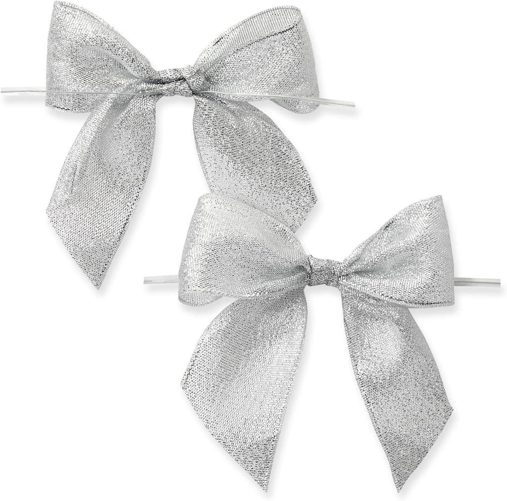 Bright Creations 36-Pack Mini Organza Twist Tie Bows - 4x3 Inch Silver Organza - Premade for Treat Bags & Gift Wrapping - Metallic Treat Bag & Craft Bows