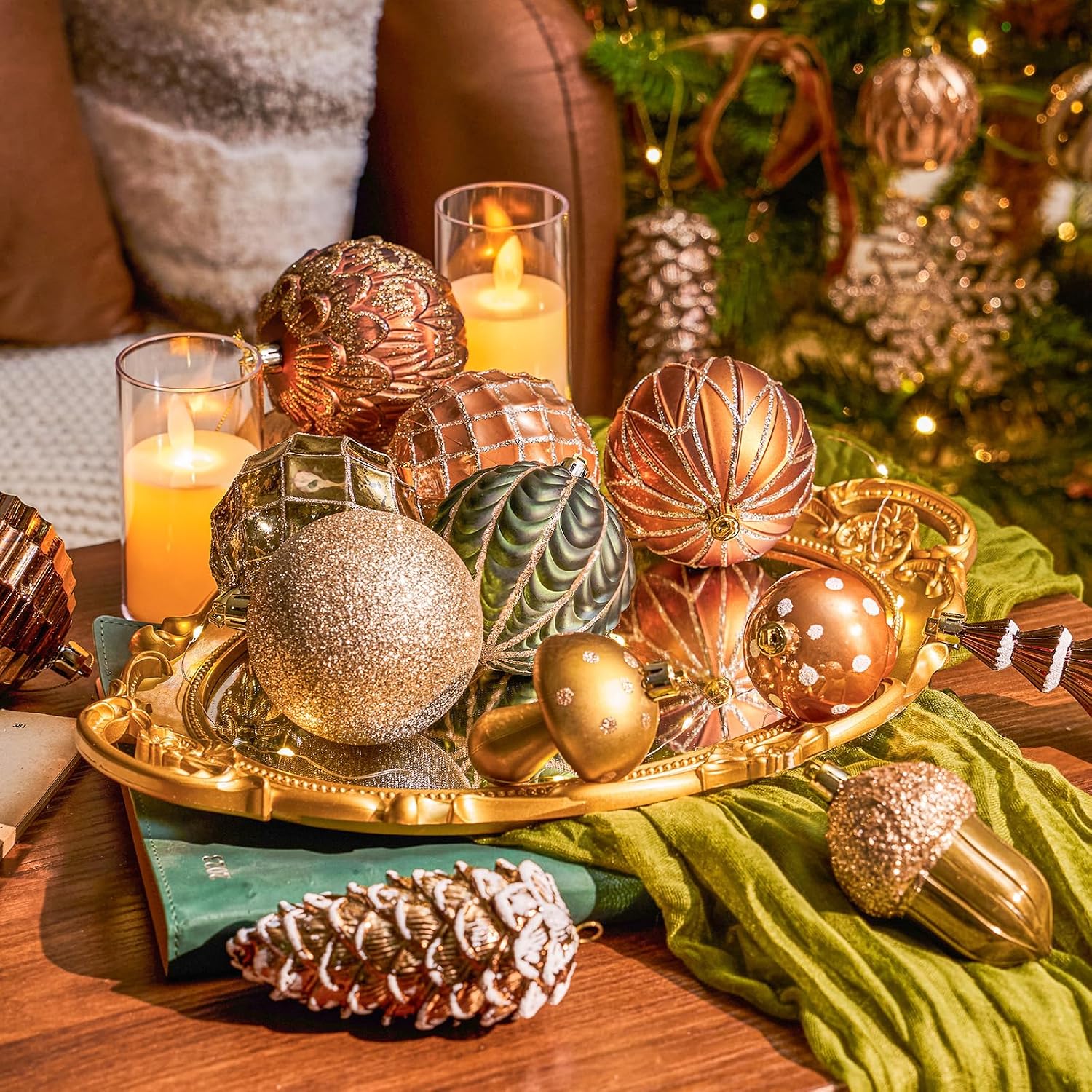 JORNOY Christmas Ornaments for Tree, Shatterproof Plastic Hanging Bulbs Set Decorations for Xmas Holiday Party with Lanyard, 36 Pack, Earth Tone