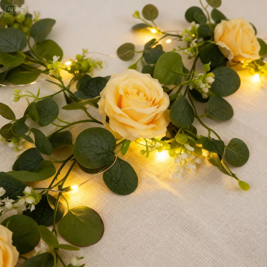 5.9 ft artificial flower garland with lights, fake shown in use