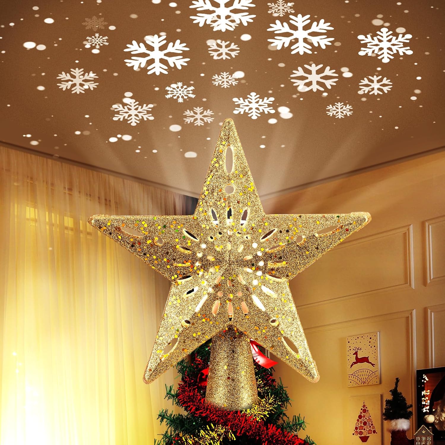 Brightown Christmas Star Tree Topper with Snowflake Projector Lights | Hollowed Pentagram Tree Topper,Plug in Christmas Tree Ornament for Indoor Office Xmas New Year Holiday Tree Decoration