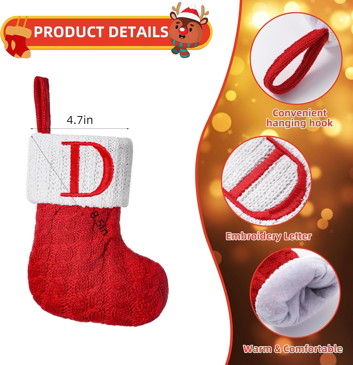 Mini Red Knit Stocking,8.5 Inches Initial Monogram Embroidered Christmas Stocking,Family Fireplace Hanging Ornament Xmas Holiday Decor Gift-Letter M