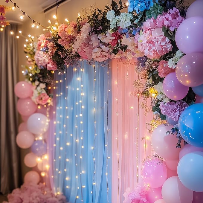 Fomcet Tulle Curtains with Lights String Pink and Blue 10FT X 10FT Sheer Backdrop Curtains for Parties Wedding Baby Shower Photo Shoot Decorations (2 Panels 5 x 10FT)