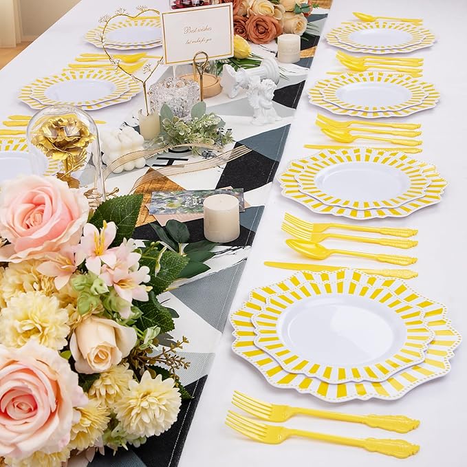 COLOSUS 150pcs Disposable White Lemon Yellow Striped Plastic Party Plates and Silverware set, Yellow Dinner/Dessert Plates silverware 30guests for Easter Birthday Weeding Party and Daily use.