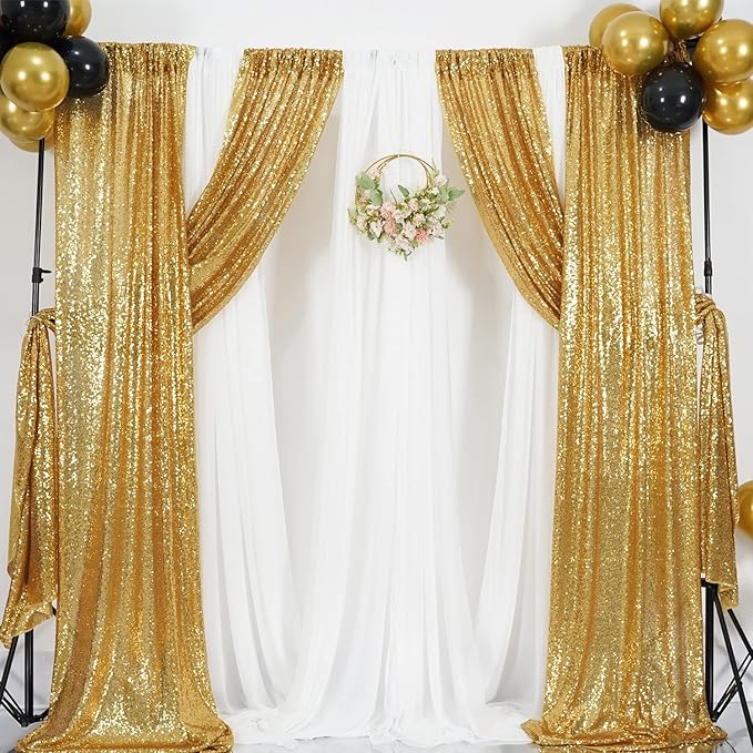 Poise3EHome Gold Sequin Backdrop Curtain 2 Panels 2ft x 8ft Gold Sequin Backdrop for Party Decoration
