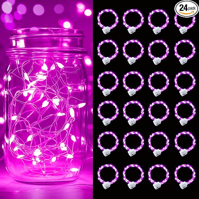 pozzolanas 24 Pack Pink Battery Operated String Lights - 7ft Waterproof Fairy Lights with 20 LEDs for Home, Mason Jar, Party, Wedding, Halloween, Christmas Decorations
