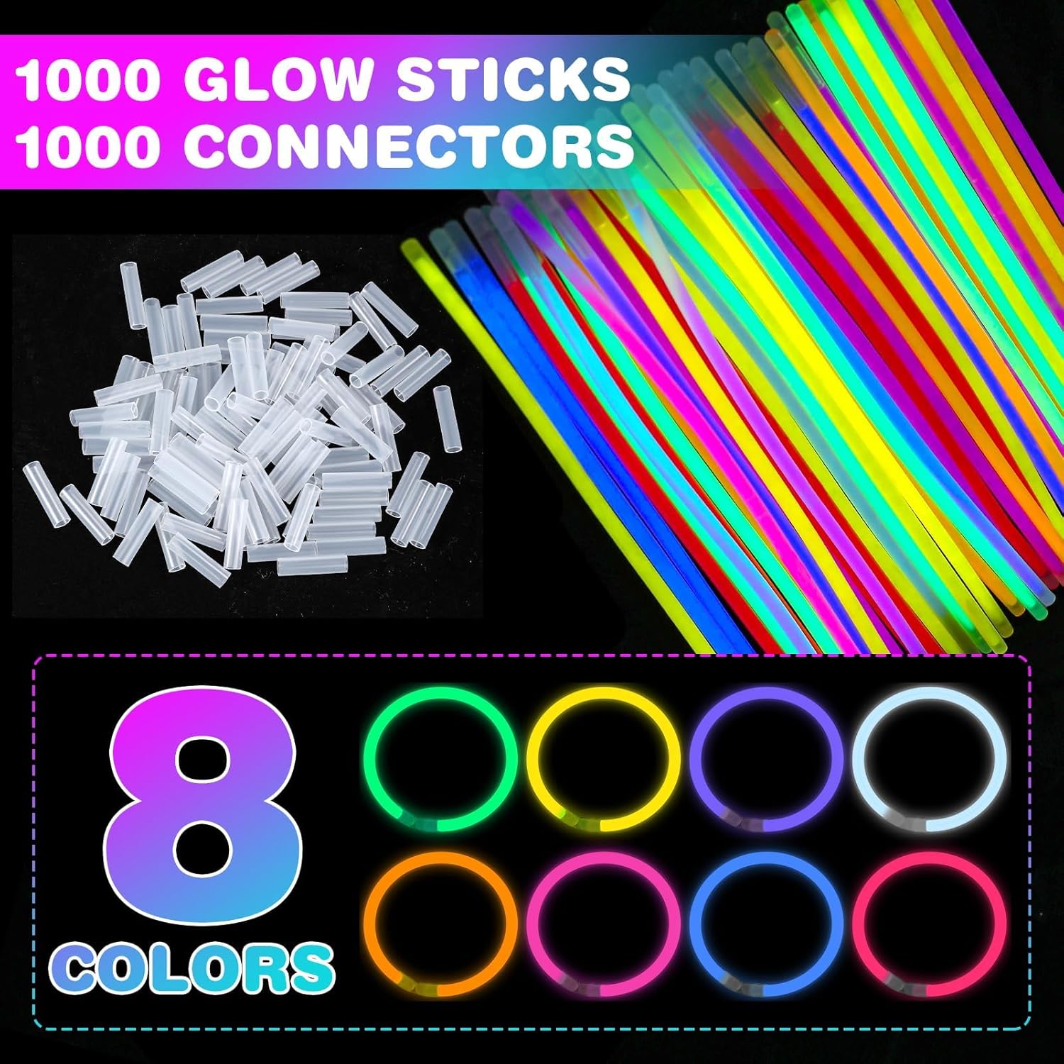 YixangDD 1000 Pcs Ultra Bright Glow Sticks, 8 Inch Glow Sticks Bulk Party Pack, Light Up Sticks for Glow Bracelets, Necklaces, Concerts, Christmas, Party Supplies with 1000 Connectors