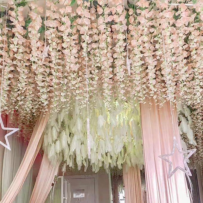 5 Pack Light Pink Wisteria Hanging Flowers Garland, 3.77 Feet Artificial Flower Vines, Fake Wisteria, Artificial Vines Hanging Garland for Backdrop Outdoor Yard Garden Decor