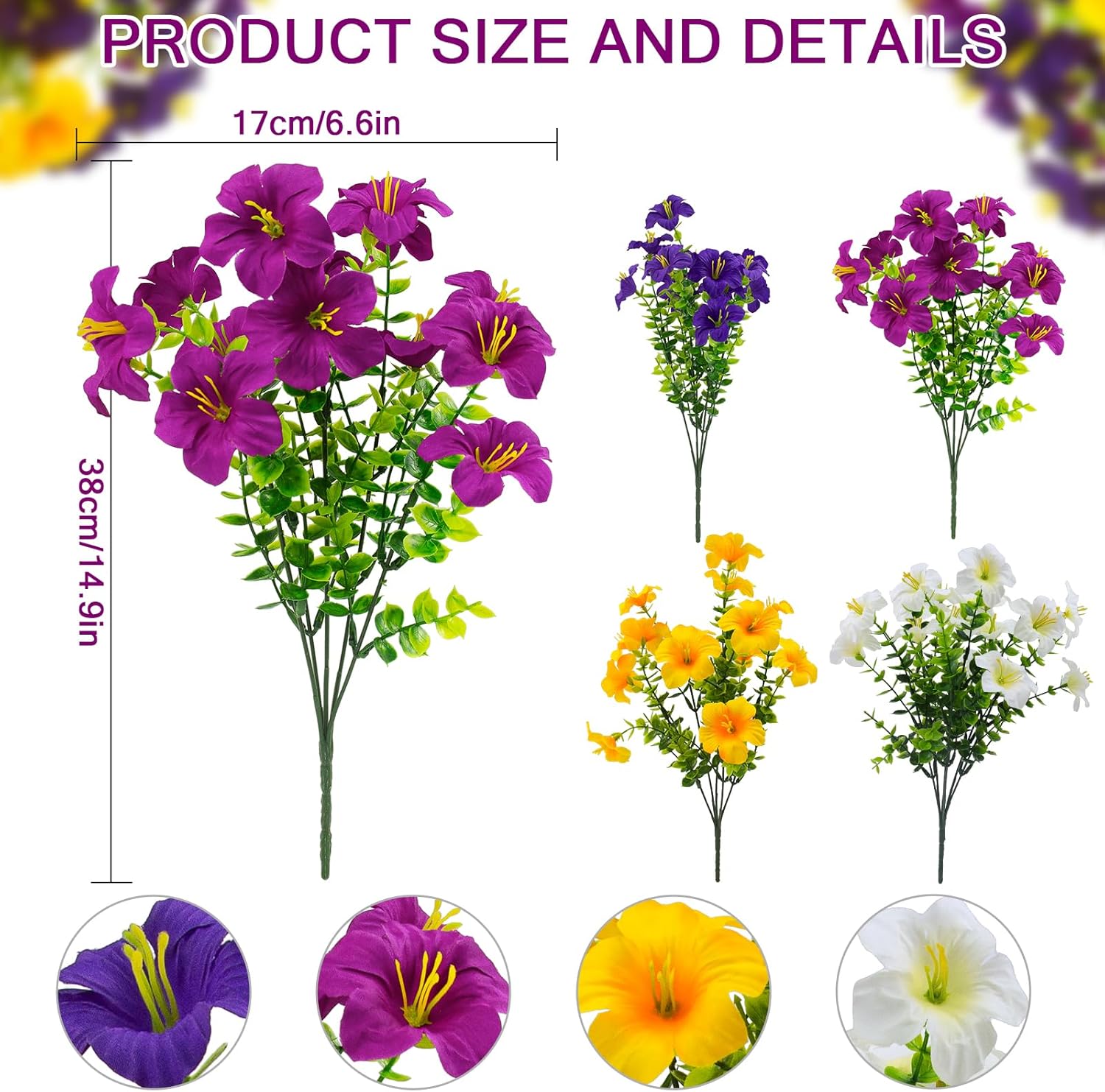 2 Set Artificial Outdoor Flowers with Hanging Baskets,24 Pcs UV Resistant Faux Petunias Flowers with Hanging Planter for Front Door Porch Spring Outside Decor (2, White,Yellow,Purple,RedViolet)