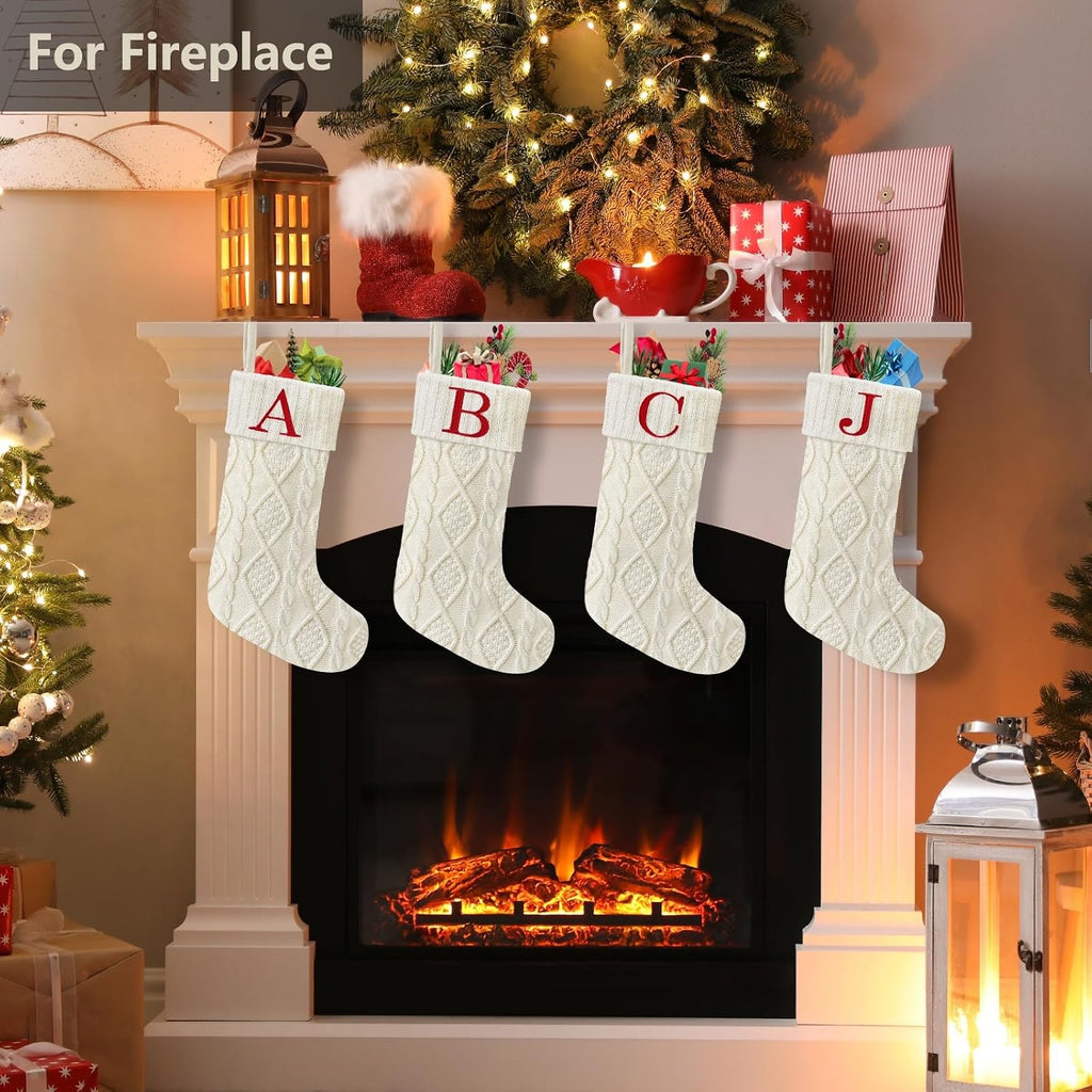 Senneny Christmas Stockings with Initials, 20” Large Embroidered Monogram Knitted Stockings for Family, Kids, Xmas Holiday Party Gifts & Decoration for Fireplace, White, Letter A