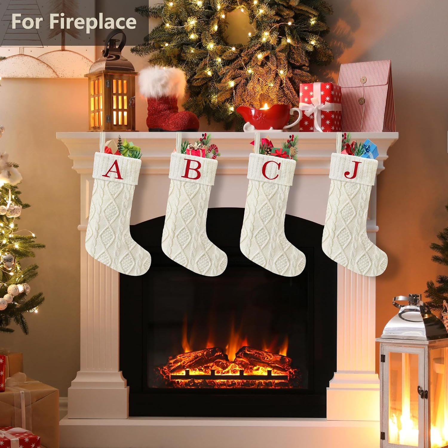 Senneny Christmas Stockings with Initials, 20” Large Embroidered Monogram Knitted Stockings for Family, Kids, Xmas Holiday Party Gifts & Decoration for Fireplace, White, Letter A