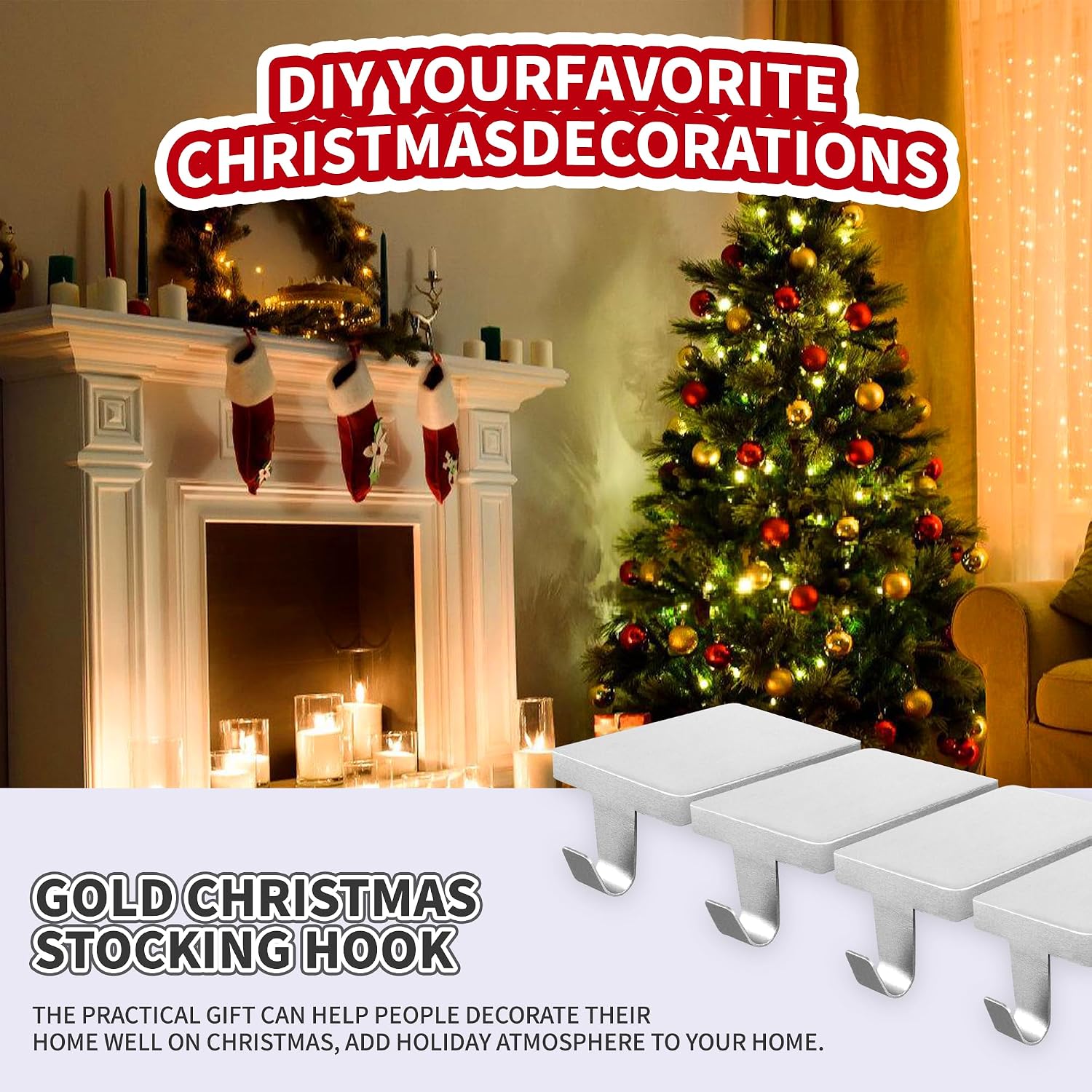4 Pcs Christmas Stocking Holders, Mantel Stocking Hangers Metal Hanging Hooks with Protective Pads for Xmas Holiday Counter Window Home Table Silver