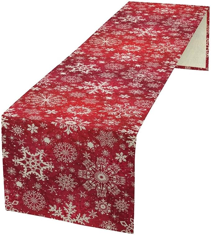 Snowflakes Christmas Table Runner, Winter Holiday Red Table Cloth Kitchen Dining Table Decoration for Home Party Decor 13x36 Inch