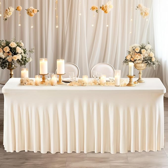 Wish Care 2 Pack Ivory Spandex Table Clothes for 4 Foot Rectangle Tables, 4FT Wrinkle Free Fitted Tablecloths Ruffles Design Table Cover for Party, Banquet, Wedding and Events