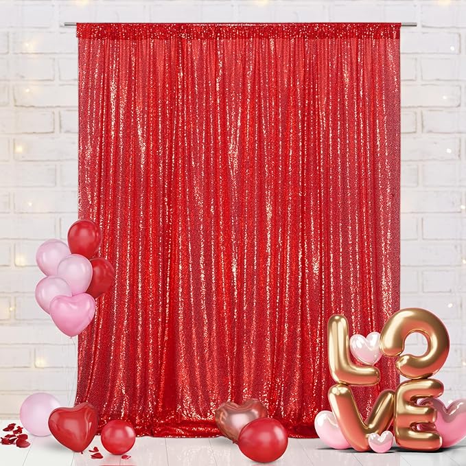 Eternal Beauty Red Sequin Backdrop, 8x10 Ft Glitter Background Curtains for Christmas Shimmer Photography Party Wedding Birthday Back Drop Decor