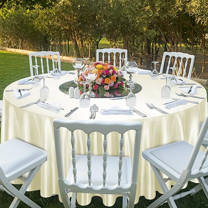 Ruisita 120 Inches Round Satin Tablecloths Ivory Overlay Round Satin Table Cover Bright Silk Smooth Fabric Tablecloth for Wedding Banquet Tables Decoration