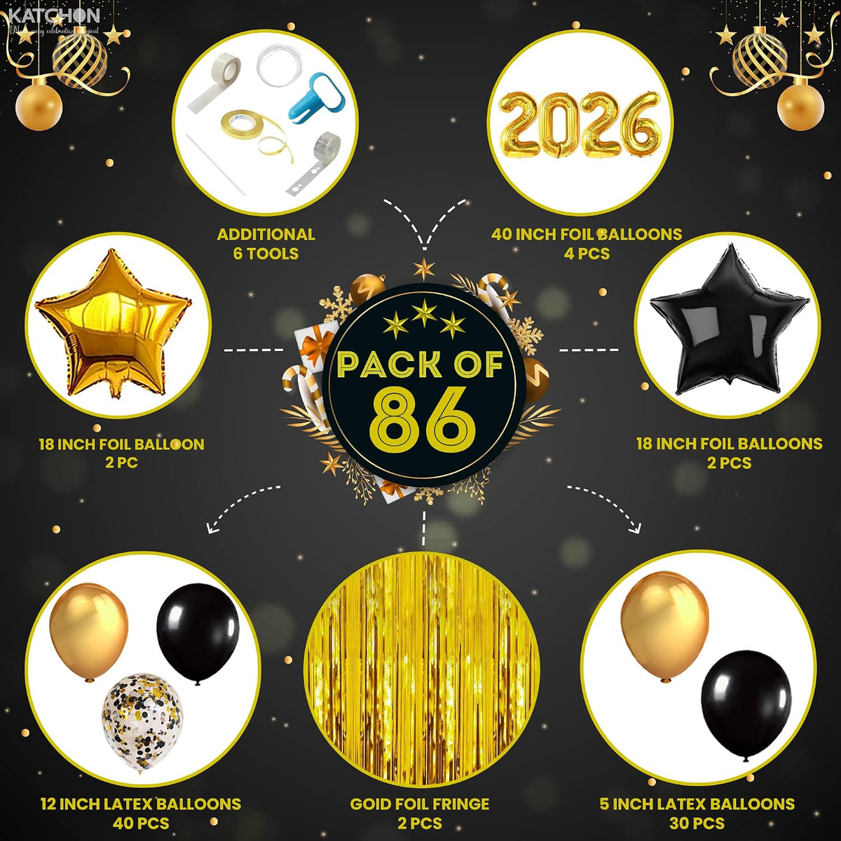 katchon set, pack of 86, new years eve shown in use