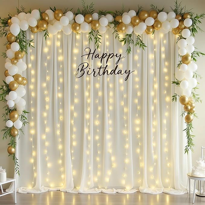 Ivory Backdrop Curtains with Lights for Baby Shower,10x10FT Wrinkle Free Ivory Drapes Photo Backdrop Curtains for Wedding Birthday Party Ceremony Photography Photoshoot Decorations-5ft x 10ft