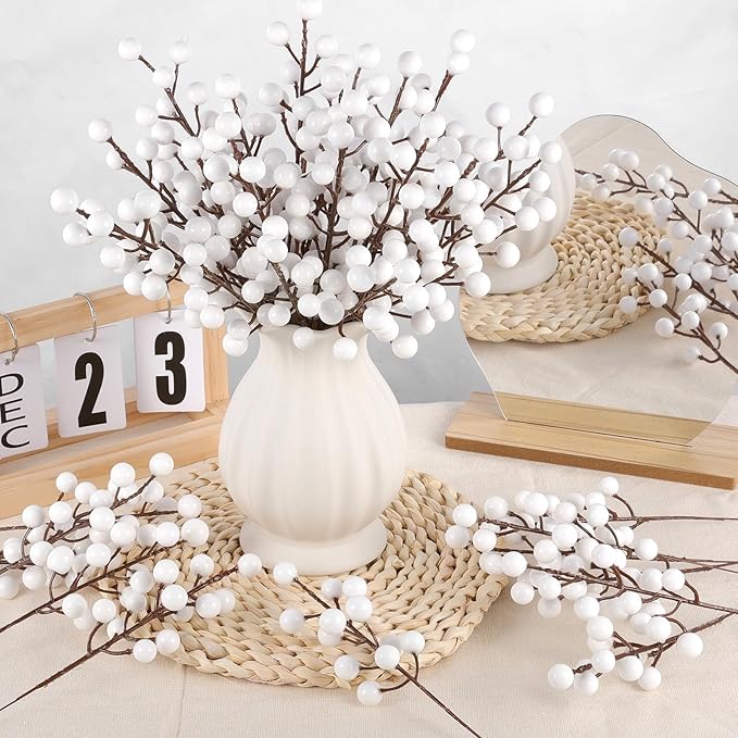 40 Pcs Artificial Berry Stems Branches, Christmas White Faux Holly Berries Picks Ornaments for Christmas Tree Wreath DIY Craft Decorations Holiday Home Decor (40, White)