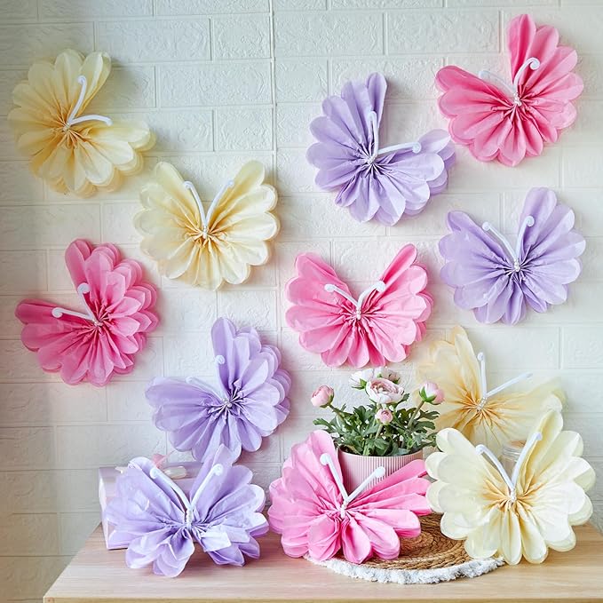 12PCS Butterfly Tissue Paper Pom Poms, 3D Butterfly Birthday Party Decorations, Khaki Pink Purple Butterfly Hanging Decorations for Girls Wedding Baby Shower Decor