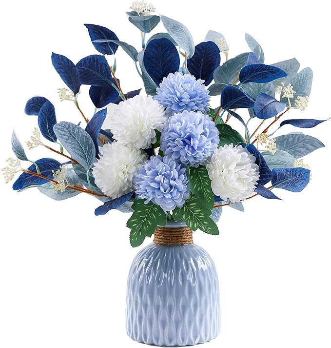 Artificial Flowers with vases, Fake Hydrangea with Eucalyptus Bouquet Combination, Living Room Family Banquet Party Wedding Decoration…