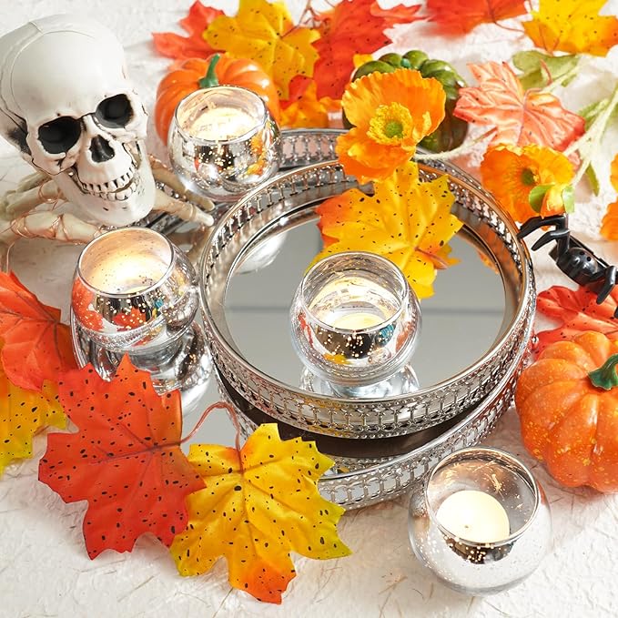 Homemory 12 Pcs Silver Votive Candle Holders, Round Mercury Glass Candle Holder, Tealight Candle Holders for Table Centerpieces, Baby Shower, Anniversary, Wedding, Home Decor, Halloween, Christmas