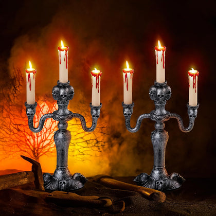 JOYIN 2 Pcs Skull Candelabra Halloween Decorations Indoor LED Lights Flameless Candles Holder, Scary Haunted House Mansion Decor for Table Home Party