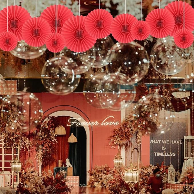HQZ Red Party Hanging Fans DIY Set - 12pcs Pinwheels & Flowers for Weddings, Birthdays, Christmas; Hanging Fan Decorations