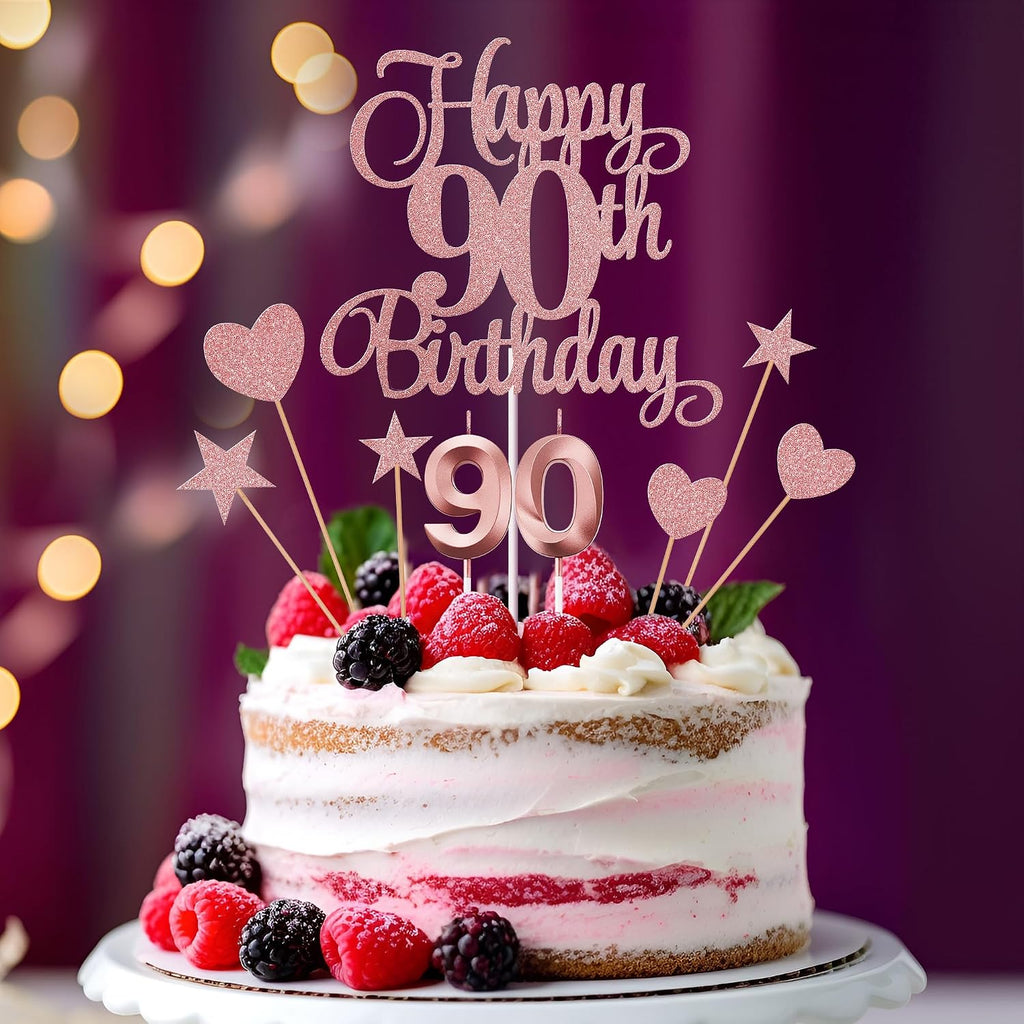 90th Birthday Cake Toppers, 90th Birthday Candles Numeral Candles and Glitter Cake Decorations Toppers Set for Party Supplies (Rose Gold)