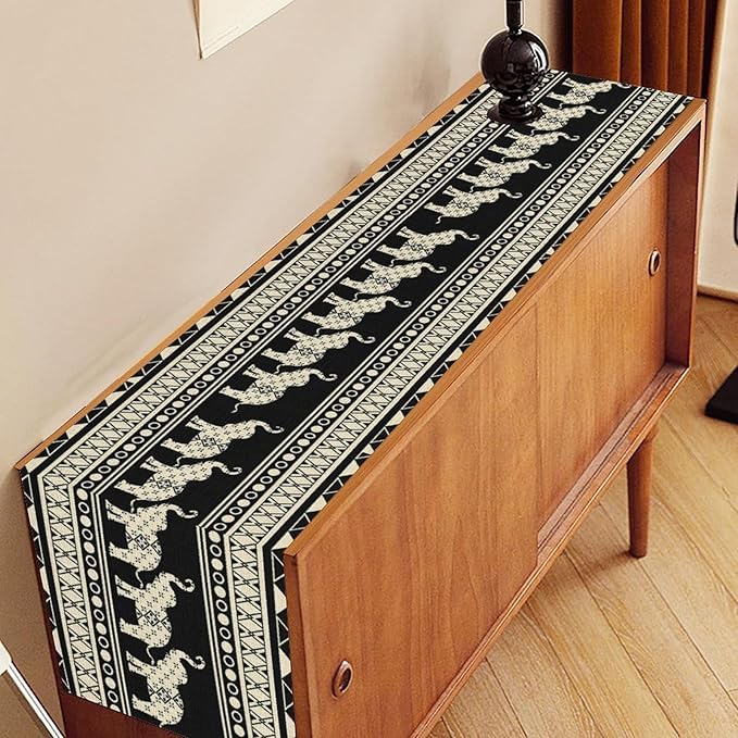 Ethnic Table Runner, Rustic Farmhouse Boho Geometric Elephant Aztec Tribal Print Black Table Center Decor for Home Kitchen Dining Patio Holiday Party Indoor Outdoor Table Decorations, 13"x36" Inch