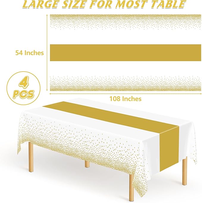 4Pack Disposable Plastic Table Cloths for Parties, 54" x 108" White and Gold Rectangle Table Covers, Waterproof Tablecloth for Rectangle Tables Suitable for New Years Eve Thanksgiving Wedding Supplies