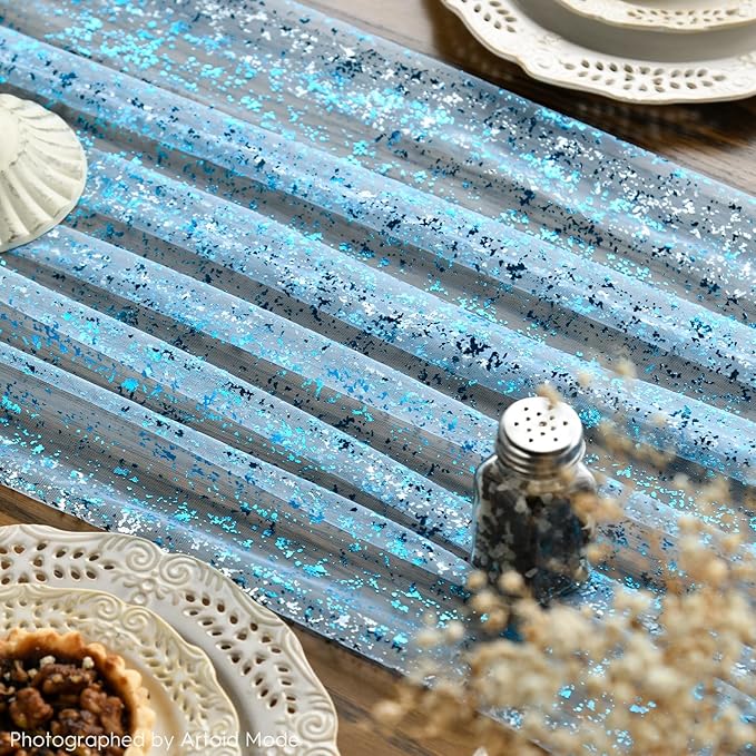 Artoid Mode 3PCS Light Blue Gauze Table Runner 120 Inch 10FT, Glitter Metallic Foil Sheer Dining Wedding Anniversary Holiday Table Decor for Home Party