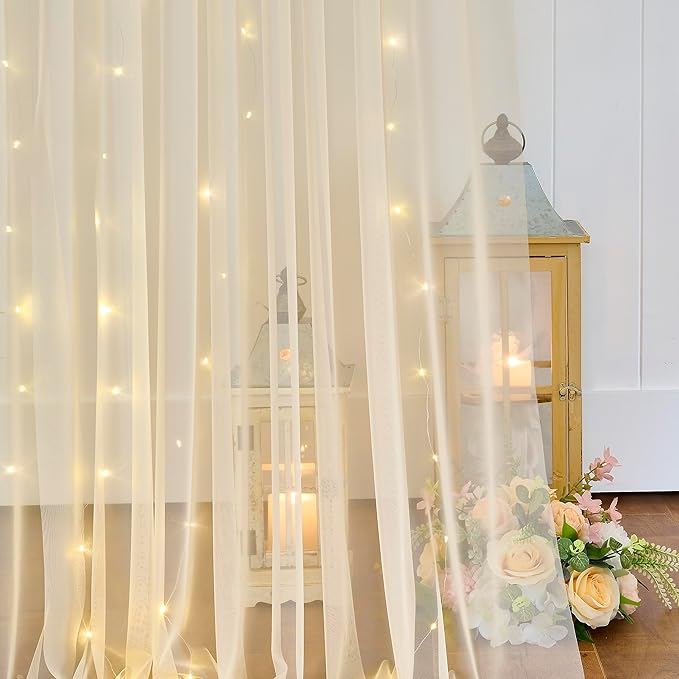 Champagne Tulle Backdrop Curtain with Lights String for Parites Wedding 10x8ft Champagne Sheer Backdrop Curtains for Bridal Shower Baby Shower Birthday Party Photo Booth Background Decorations