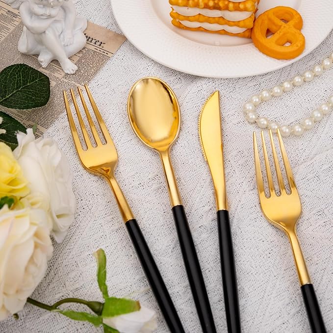 SUT Gold Plastic Silverware (160Pcs) Forks and Spoons Disposable, 80 Gold Plastic Forks, 40 Gold Knives, 40 Gold Spoons, Black and Gold Utensils Set Disposable for Parties, Weddings,New Year,Halloween