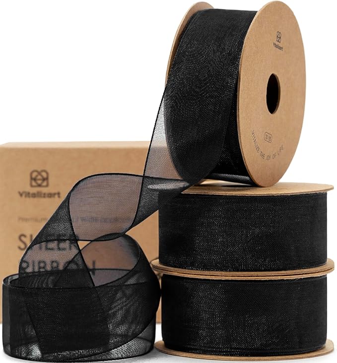 Vitalizart Black Ribbon Organza Sheer Ribbon 1 inch x 30Yd Handmade Fabric Ribbons for Gift Wrapping Christmas Tree Crafts Bows Wedding Invitations Wreaths Wrap