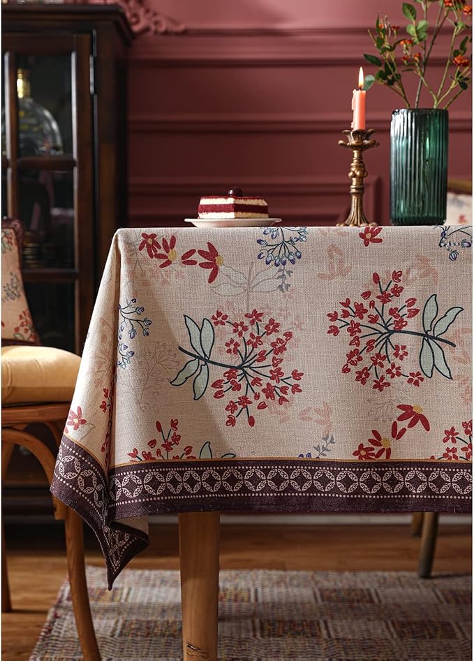 patdrea Designer French Linen Rectangular Table Cloth,Vintage Red Floral Fall Tablecloth,Breathable Dacorative Cover for Kitchen Dining,Tea Party,Christmas,Thanksgiving,Holiday,55"x87"-Newmari