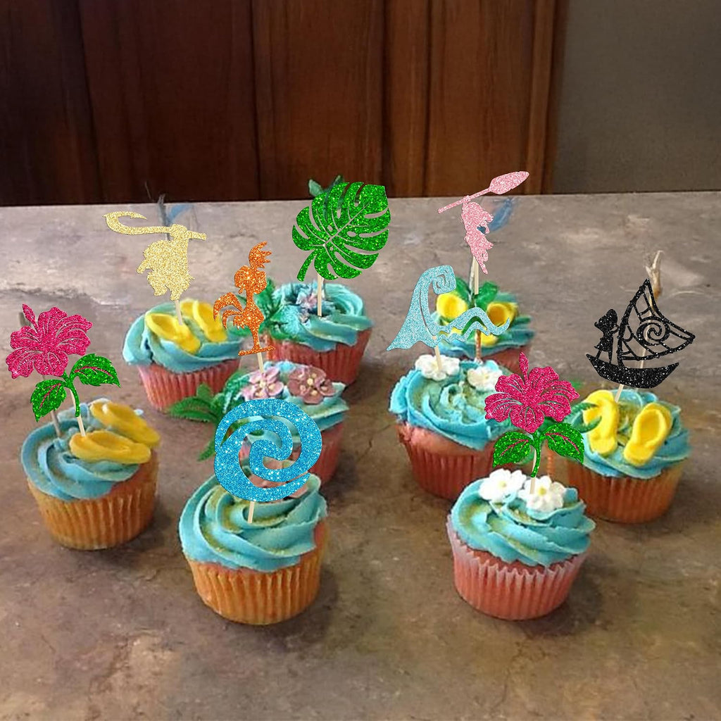 Ephlyn 32Pcs Moa Inspired Cupcake Toppers Glitter Palm Leaf Flower Cupcake Picks Tropical Hawaiian Luau Theme Cake Decorations for Baby Shower Birthday Party Cake Supplies Multi