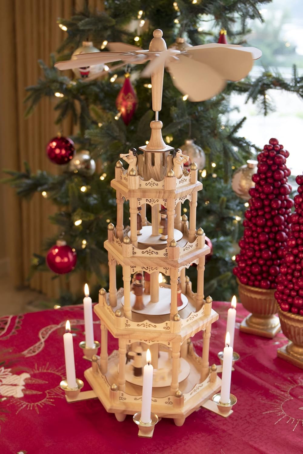 Clever Creations Beige Four Tier Carousel 22 Inch Traditional Wooden Christmas Pyramid Decoration, Festive Christmas Décor for Shelves and Tables