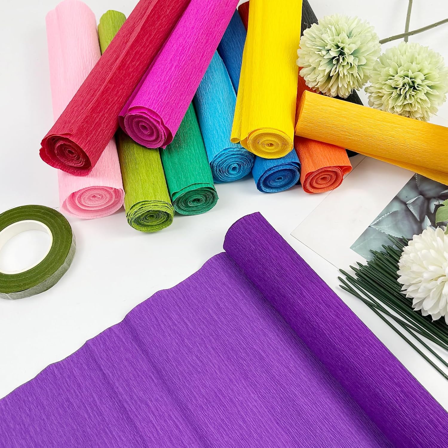 Cieovo Crepe Paper Flower DIY Kits, 12 Rolls Bright Colors Crepe Paper Rolls Floral Tape and 50 Green Floral Iron Wire for Wedding Festival Party Wreath Making Supplies DIY Flower Crafts