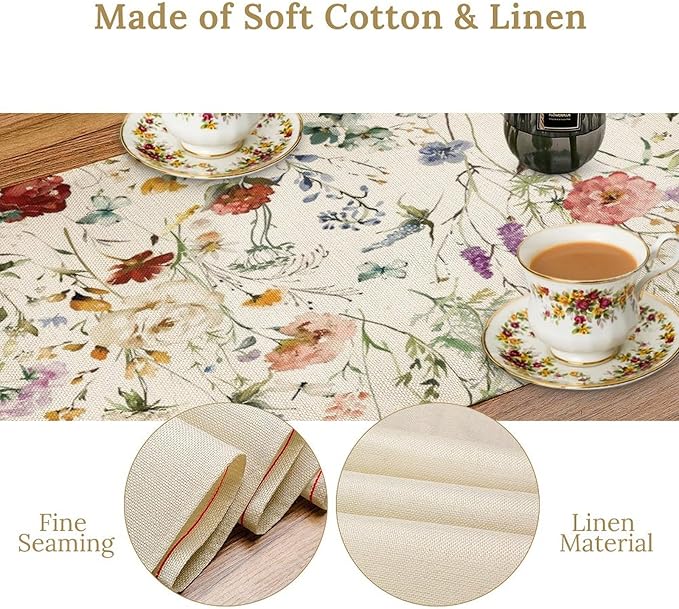 Floral Butterfly Table Runner,Rustic Colorful Flower Botanical Watercolor Pattern Print Burlap for Hotel Indoors Outdoor Dining Room Kitchen Holiday Party, 13x70in