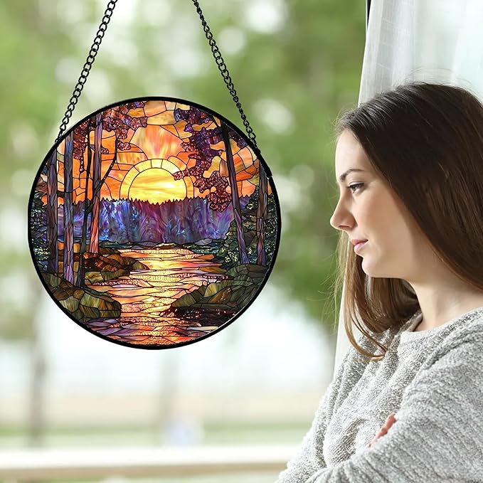 Stained Glass Window Hanging, Orange Landscape Green Purple Lake Forest Suncatcher for Doors Window Home Sun Catchers Decor Mother's Day Birthday Gifts for Women Men Mom 6.3 in