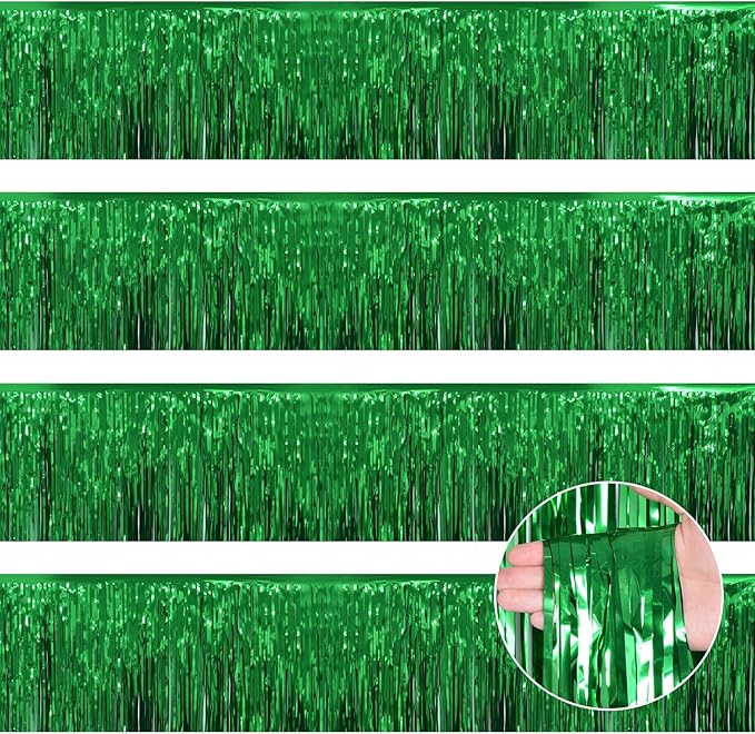 Green Christmas Decorations Tinsel Garland Parade Float Decorations for Trailer 4Pack 12FT Christmas Party Decor Ceiling Fringe Banner Green Backdrop for Streamers Party Decorations