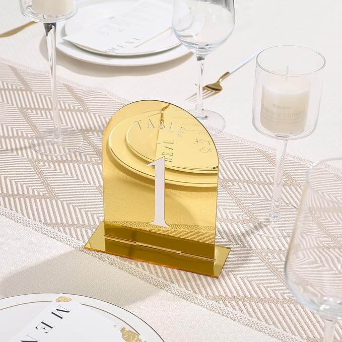 UNIQOOO Gold Mirror Arch Wedding Table Numbers with Stands 1-15, 5x7 Acrylic Display Signs and Holders, Pack of 15, Perfect for Centerpiece, Reception, Decoration, Party, Anniversary, Event