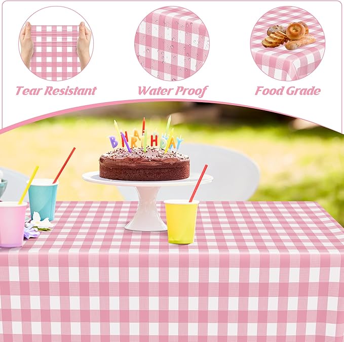 12Pack Table Cloth Rectangle Table, 54" x 108" Plastic Table Cloth Disposable, Waterproof Pink and White Checkered Table Cover for Outdoor Picnic Birthday Party Supplies Gathering BBQ Holiday Dinner